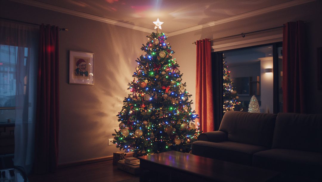 Cozy Living Room with Illuminated Christmas Tree