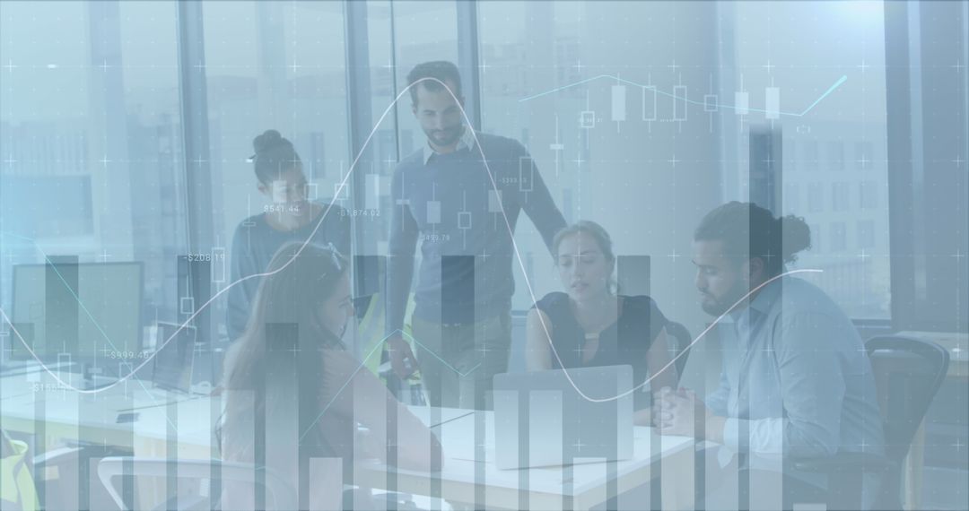 Business Team Discussing Analytics with Digital Data Overlay in Modern Office