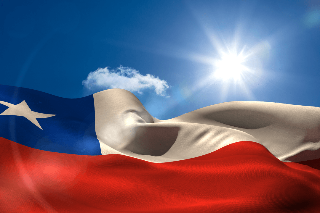 Transparent Chilean Flag Waving in Sunlit Sky with Clouds