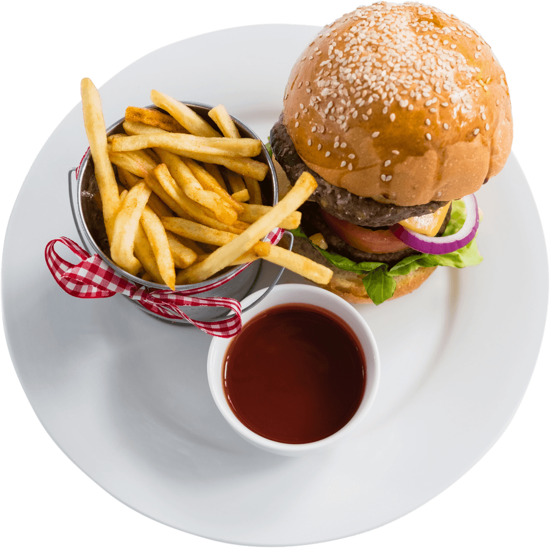 Transparent Background Cheeseburger with Fries and Ketchup