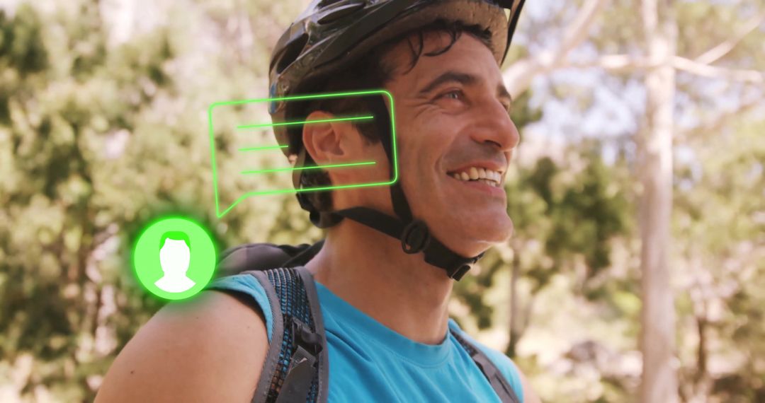 Smiling Cyclist on Forest Trail With Digital Chat Overlay