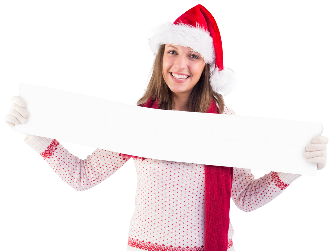 Smiling Woman in Santa Hat Holding Blank transparent Banner - Download Free Stock Images Pikwizard.com