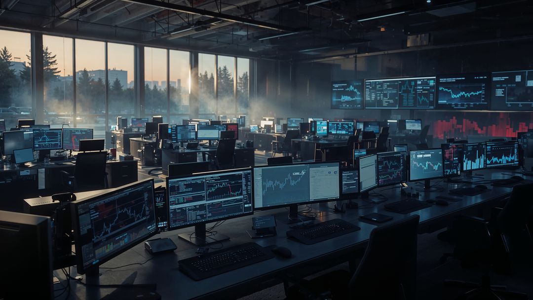 Modern online trading office with multiple workstations and stock displays