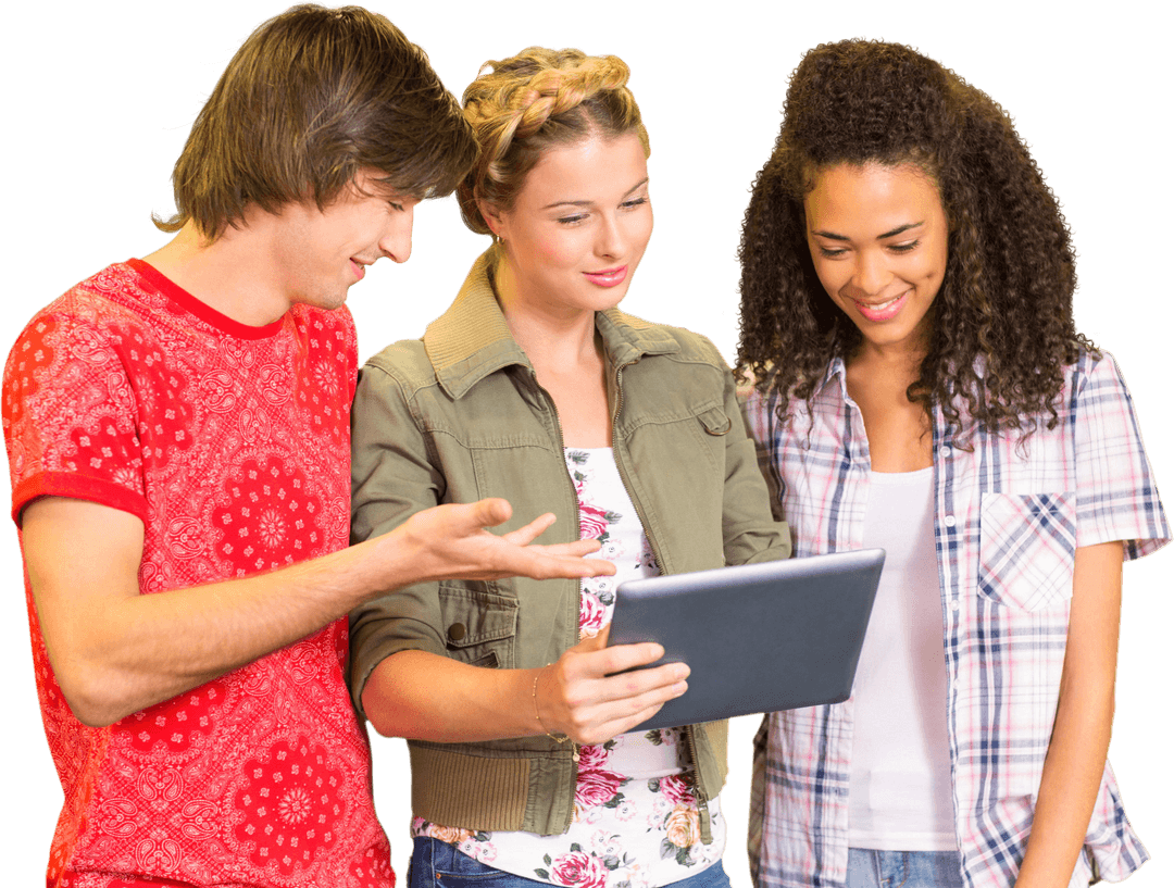 Diverse Collegiate Trio Engaging with Transparent Tablet