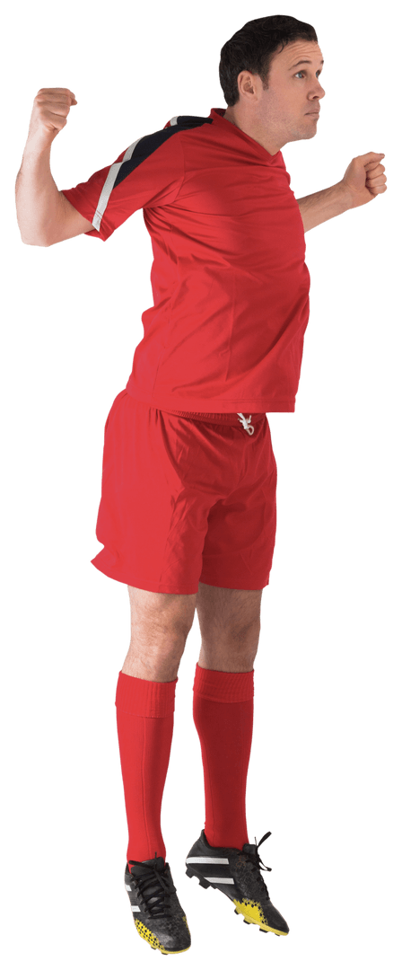 Energetic Football Player Jumping in Red Uniform Transparent Background