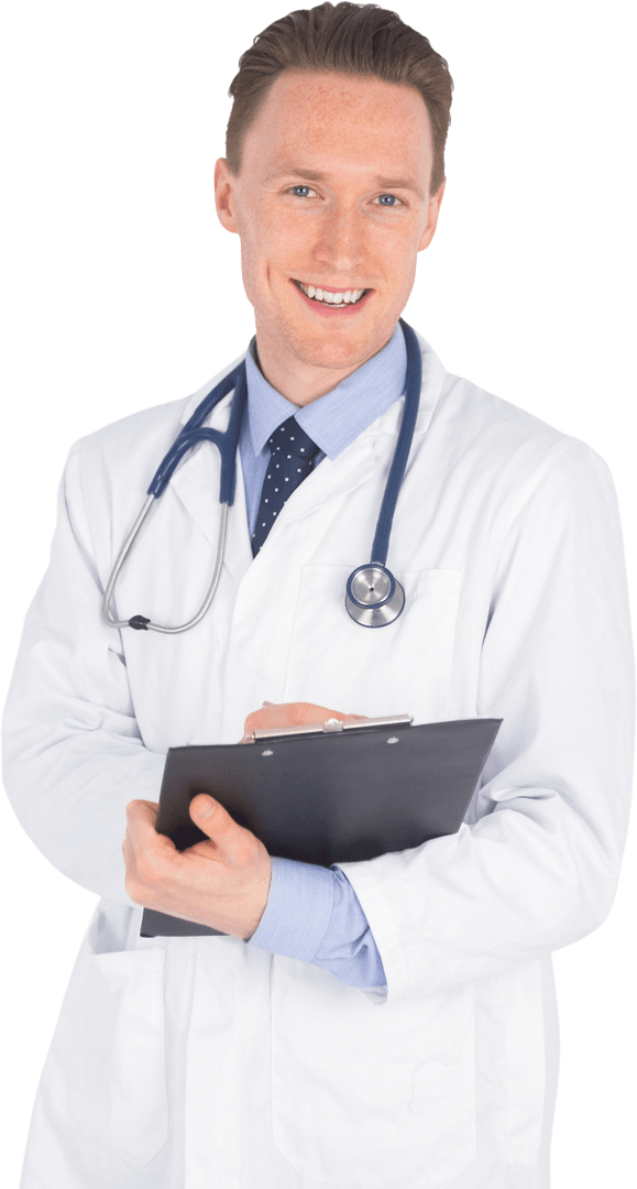 Transparent Background Smiling Doctor Holding Clipboard