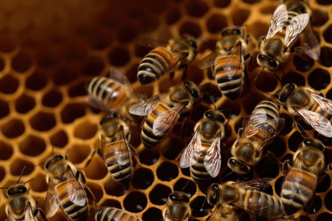 Close up of multiple bees on honeycomb created using generative ai technology - Free Images, Stock Photos and Pictures on Pikwizard.com