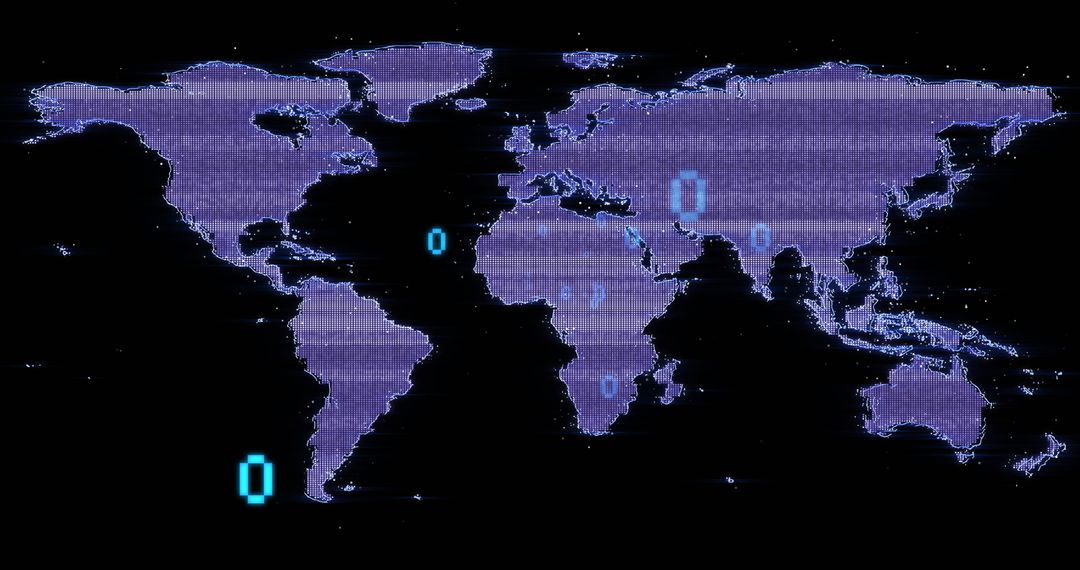 Glowing World Map with Binary Code and Digital Noise