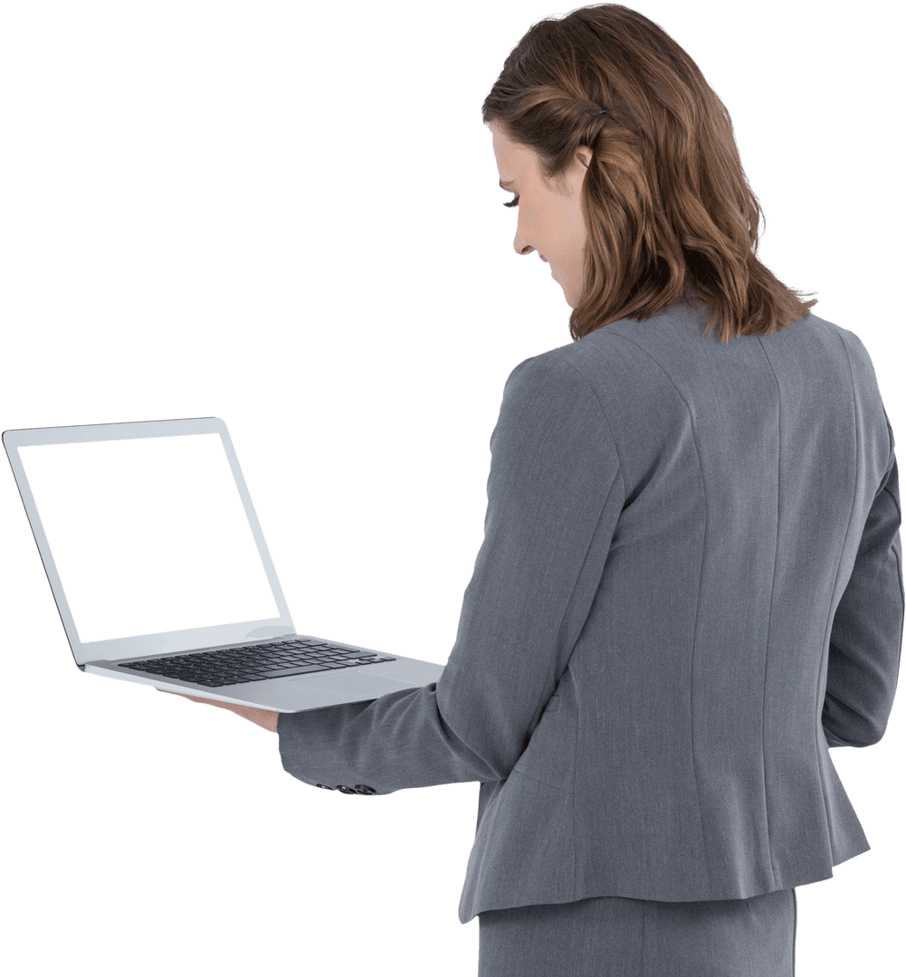 Confident Businesswoman in Gray Suit Using Laptop - Transparent Background
