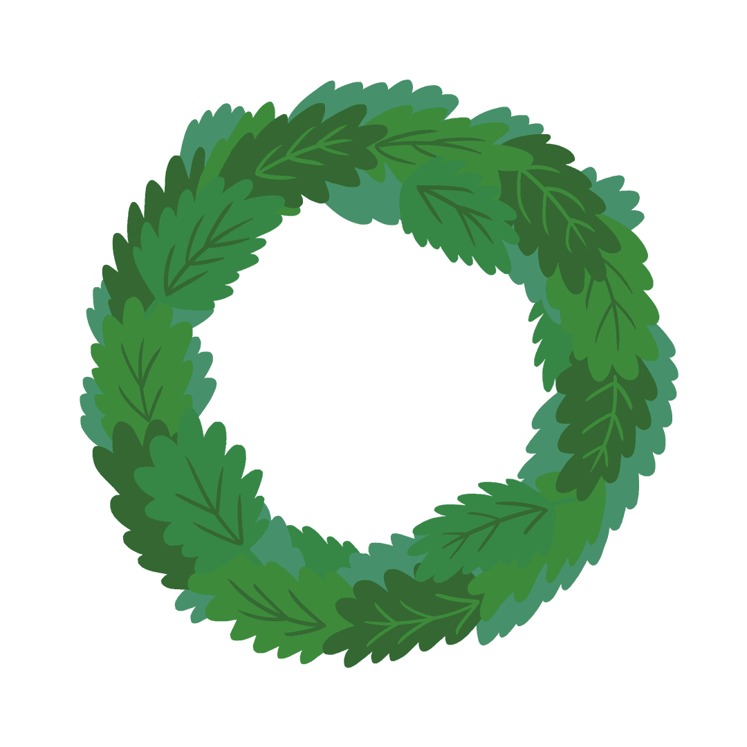 Stylized Circular Wreath with Overlapping Green Leaves on Transparent Background