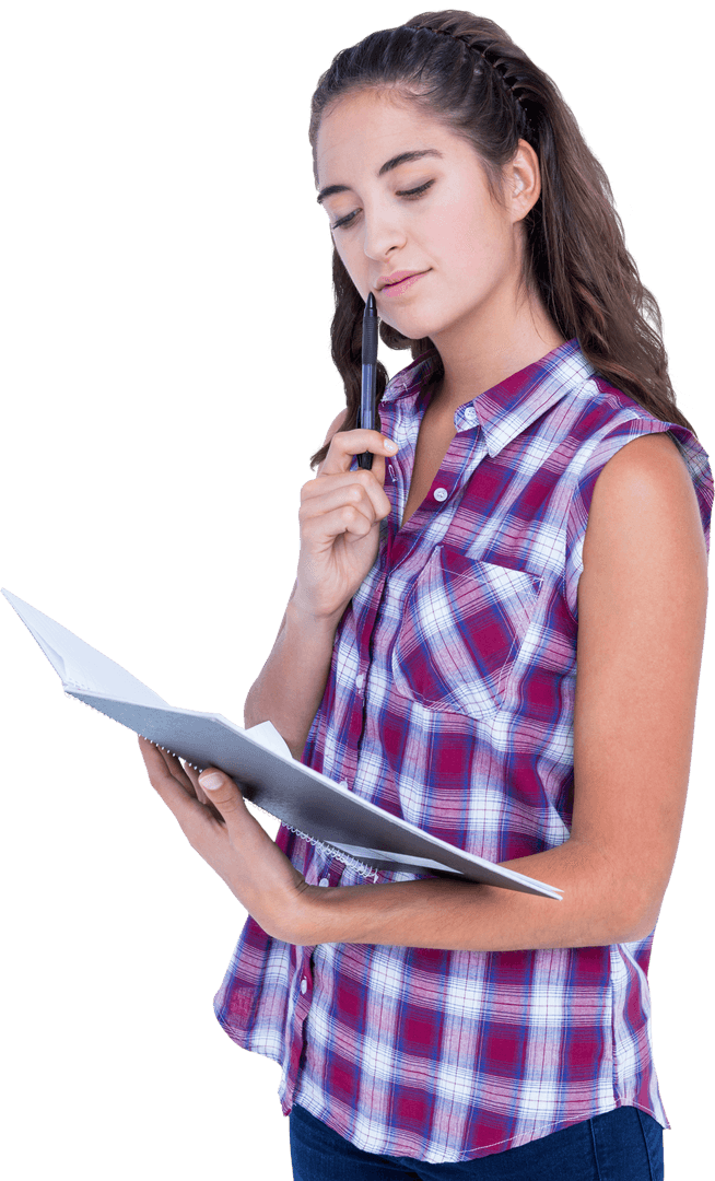 Thoughtful Woman with Notebook on Transparent Background