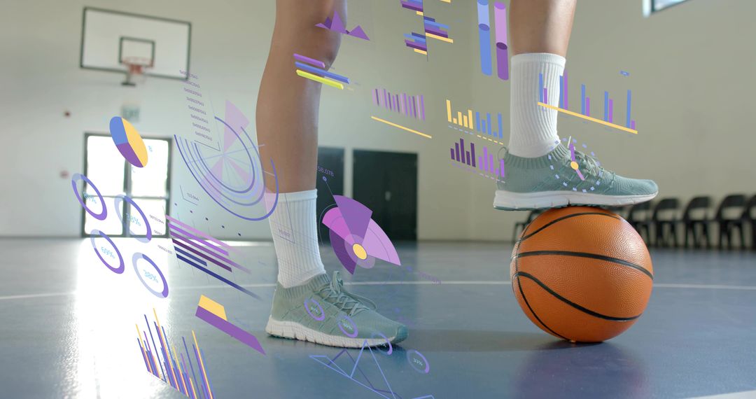 Female athlete balancing on basketball with augmented reality performance data overlay