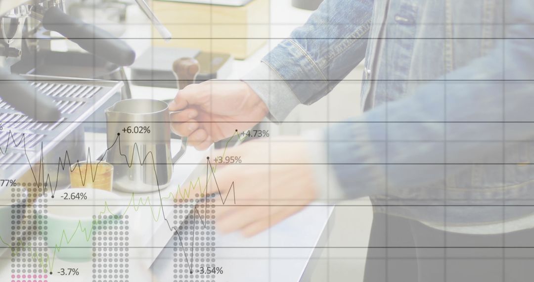 Barista Frothing Milk with Data Overlay at Modern Café