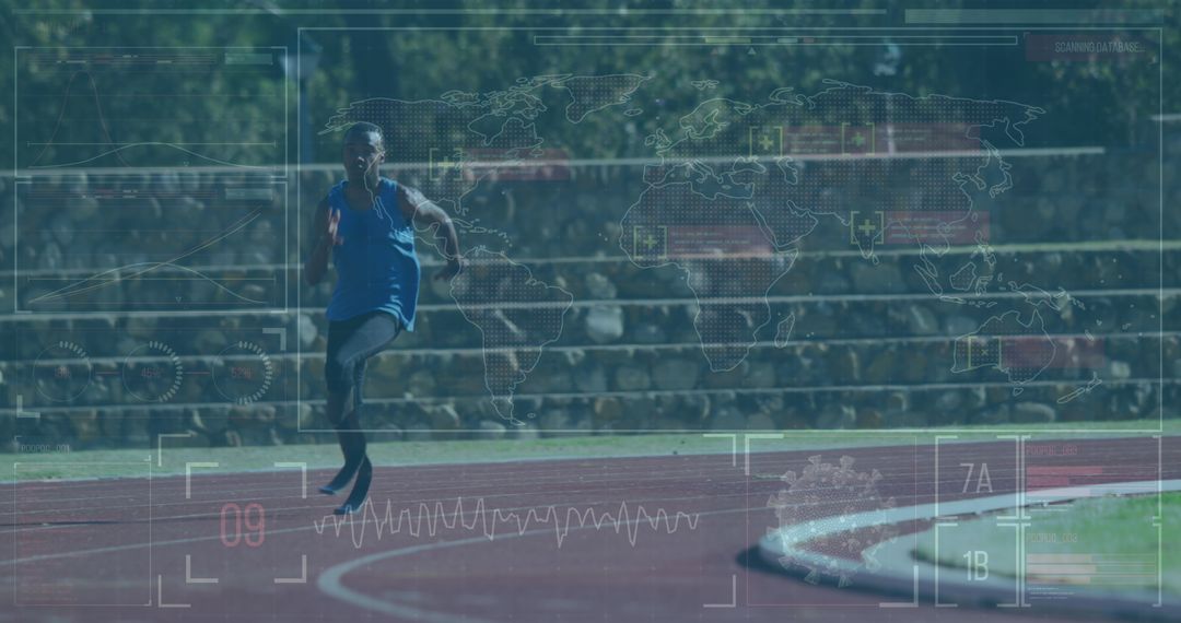 Disabled Runner Sprinting on Track with Digital Data Overlay