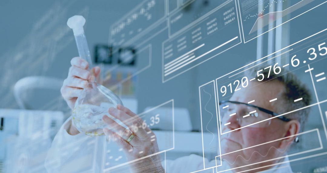 Scientist Analyzing Chemical Formula with Digital Data Overlay
