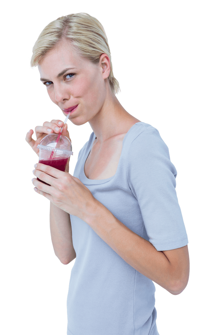 Smiling Woman Drinking Transparent Red Fruit Juice Beverage