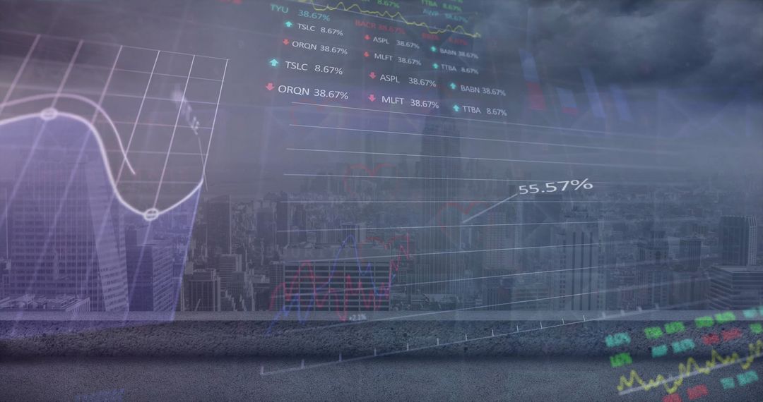 Financial Data Charts Overlaying Modern Cityscape