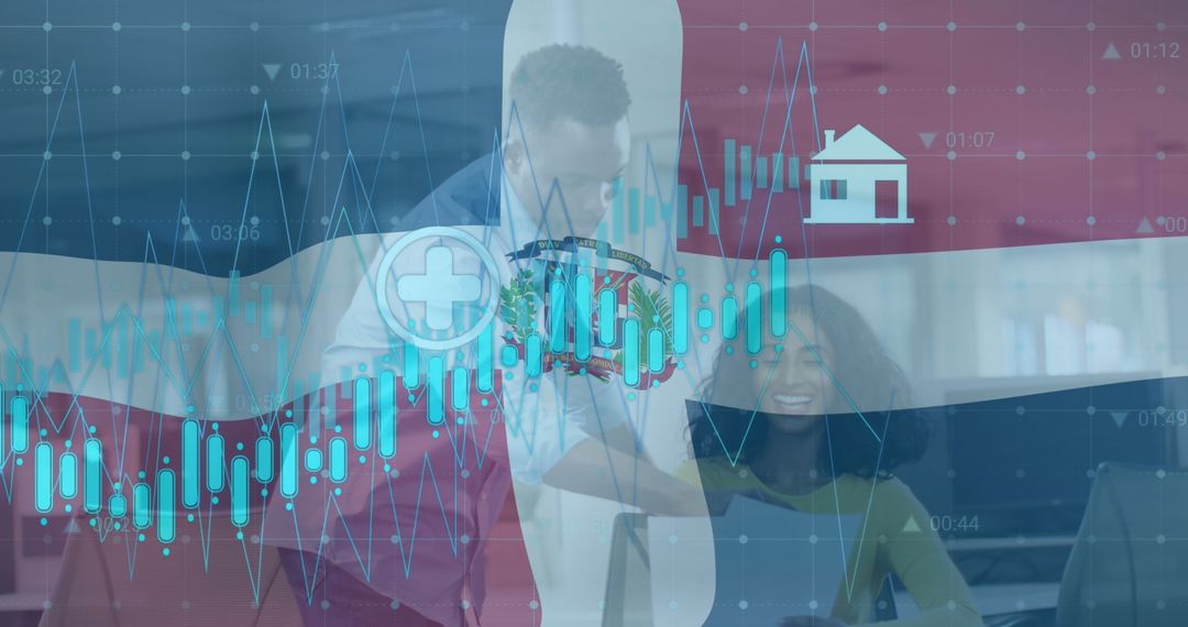 Diverse Coworkers Analyzing Business Data Overlay on Dominican Flag
