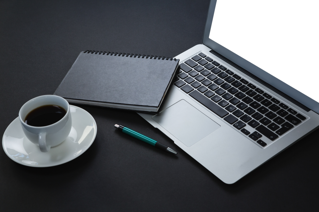 Workspace with Laptop, Dark Organizer, Pen and Black Coffee on Black Surface - Download Free Stock Images Pikwizard.com