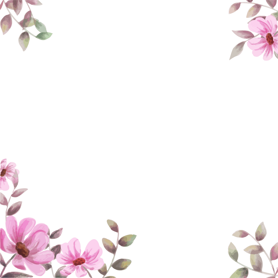 Transparent Watercolor Frame with Pink Blossoms and Foliage