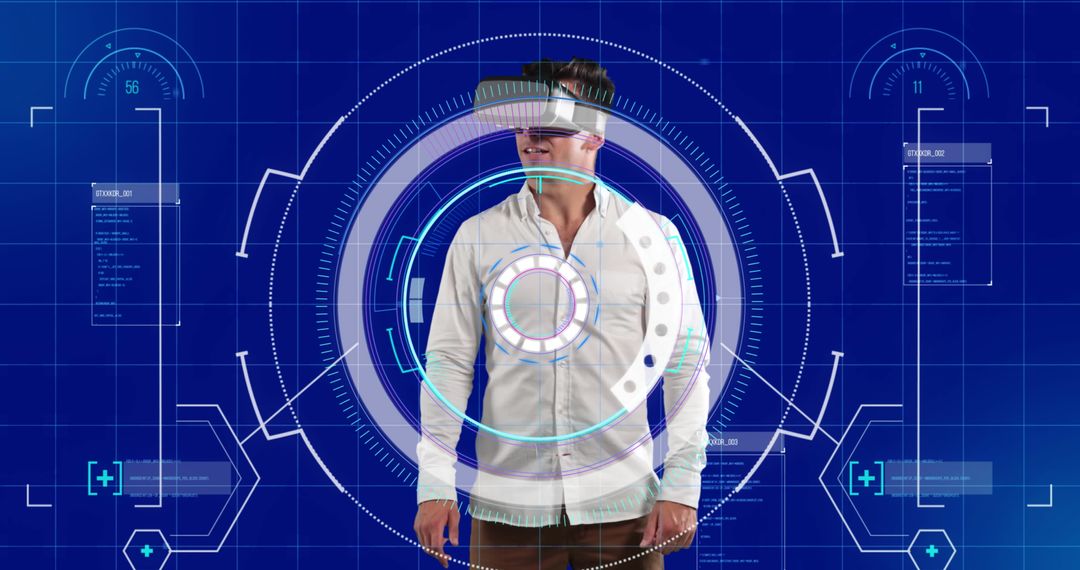 Man Using Futuristic VR in a Technical Blue Interface
