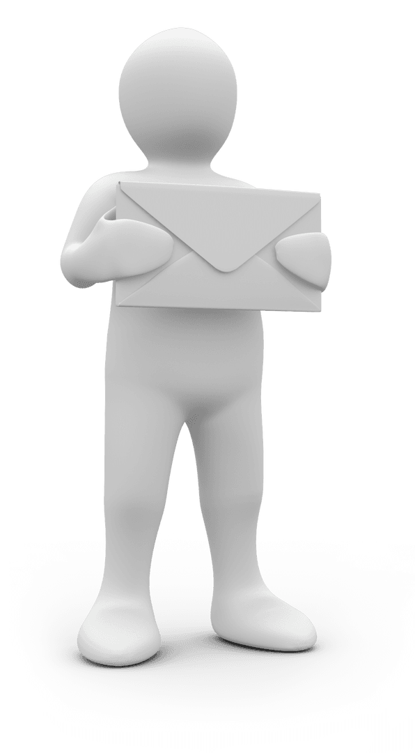 3D White Figure Holding Envelope on Transparent Background