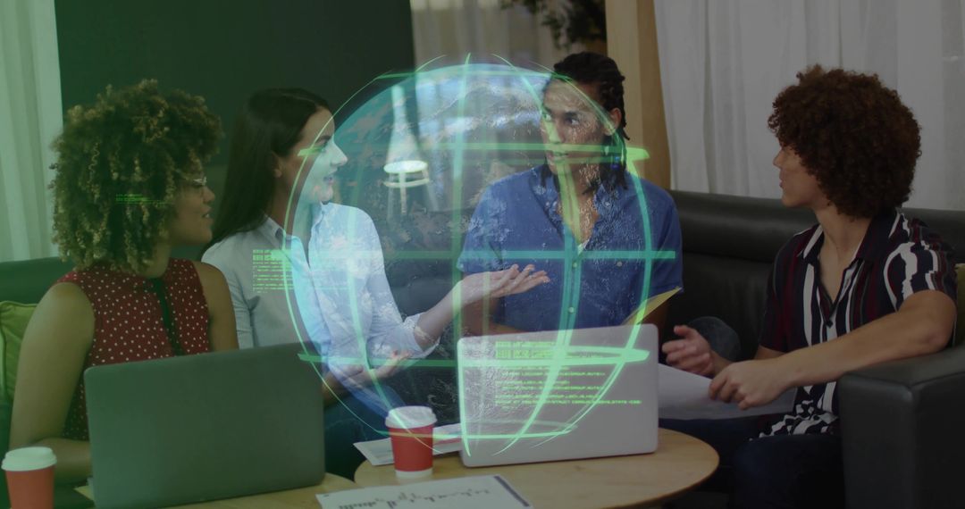 Diverse Team Collaborating with Futuristic Digital Globe Projection