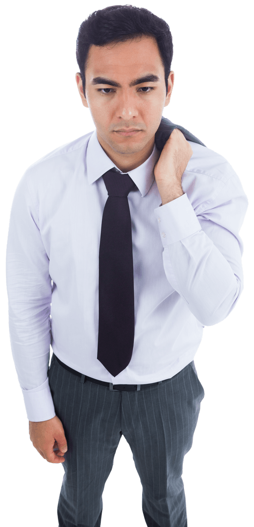 Biracial Businessman Standing with Suit Jacket Over Shoulder on Transparent Background