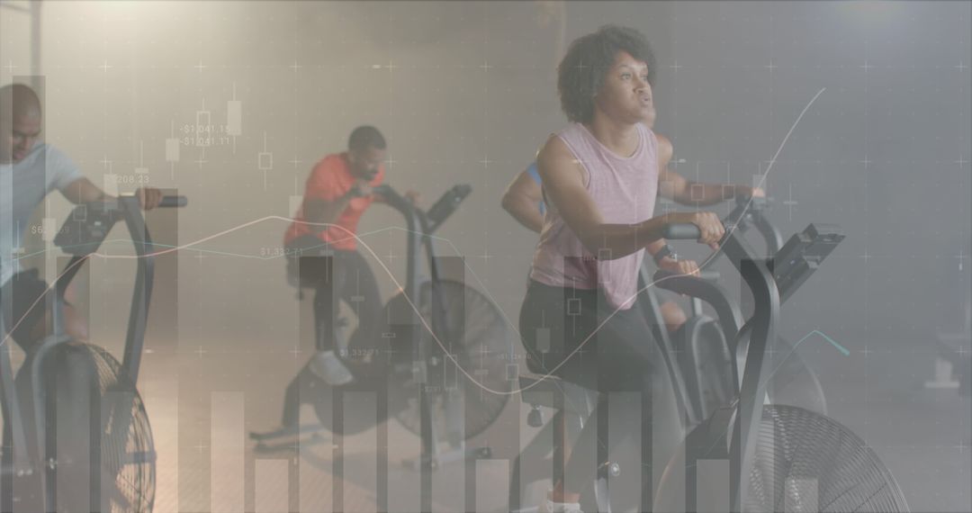 Motivated Individuals Exercising on Cross Trainer with Digital Data Overlay