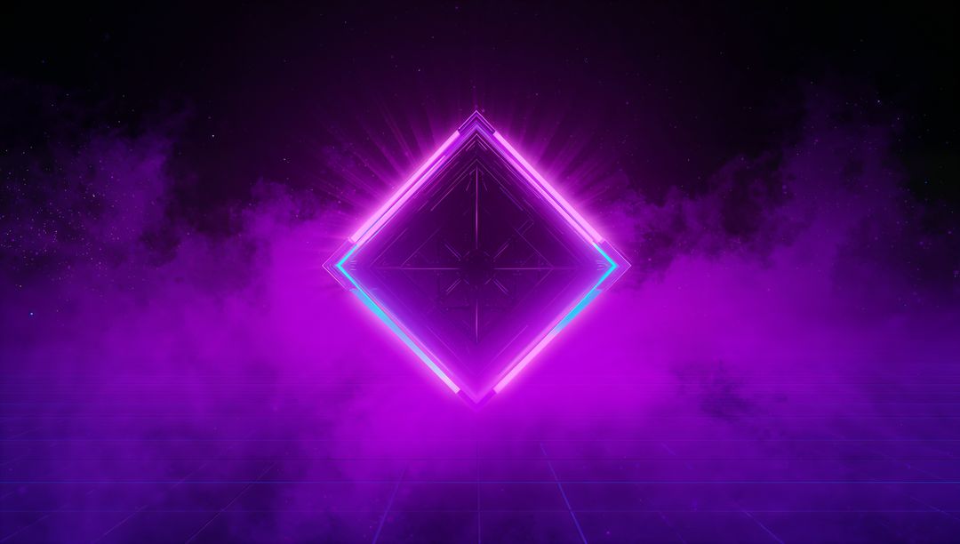 Glowing Neon Diamond Hovering Above Reflective Grid in Retro Synthwave Purple Fog