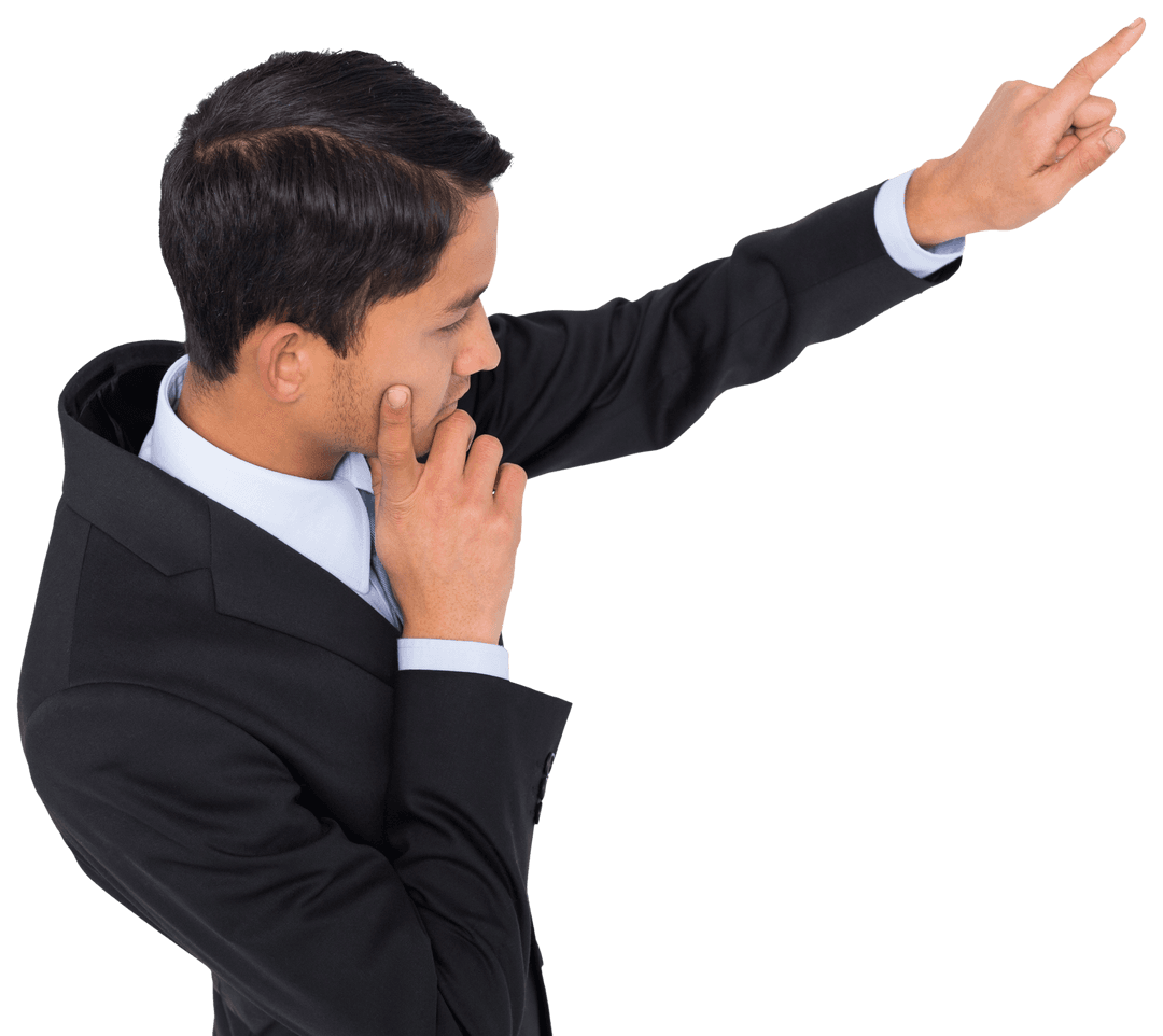 Asian Businessman in Suit Pointing on Transparent Background