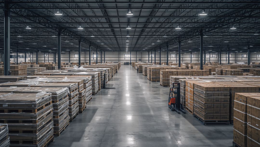 Expansive Distribution Warehouse Showing Palletized Inventory and Forklift on Central Aisle
