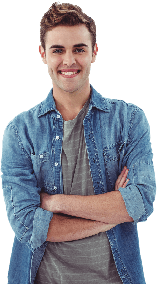 Smiling Young Man in Denim Shirt with Crossed Arms on Transparent Background