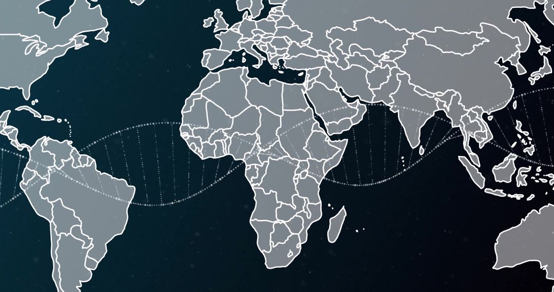 DNA Strands Across World Map Highlighting Global Connectivity
