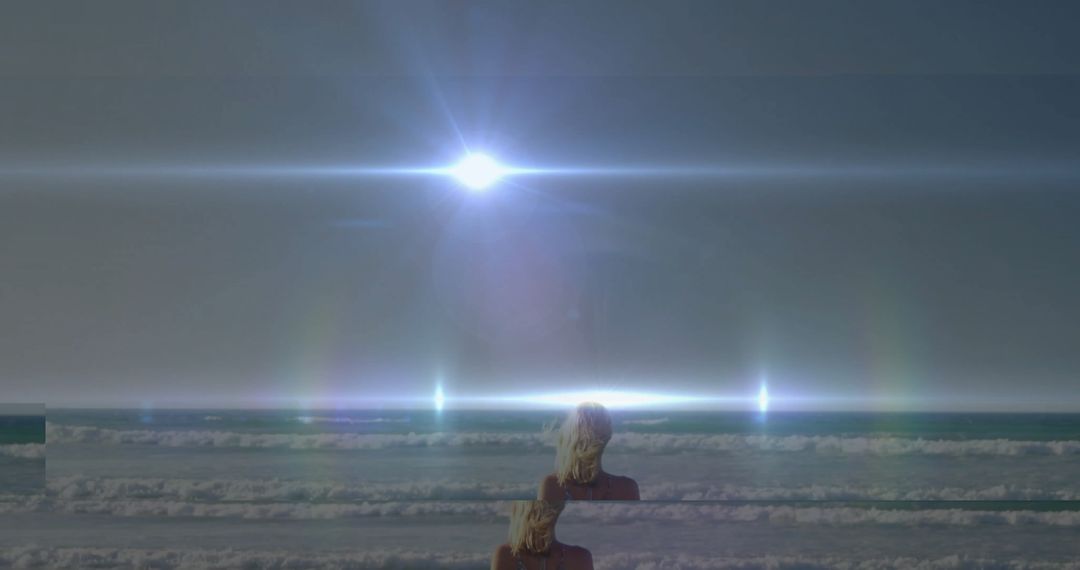 Woman Observing Mystic Ocean Scene with Rainbow Flares