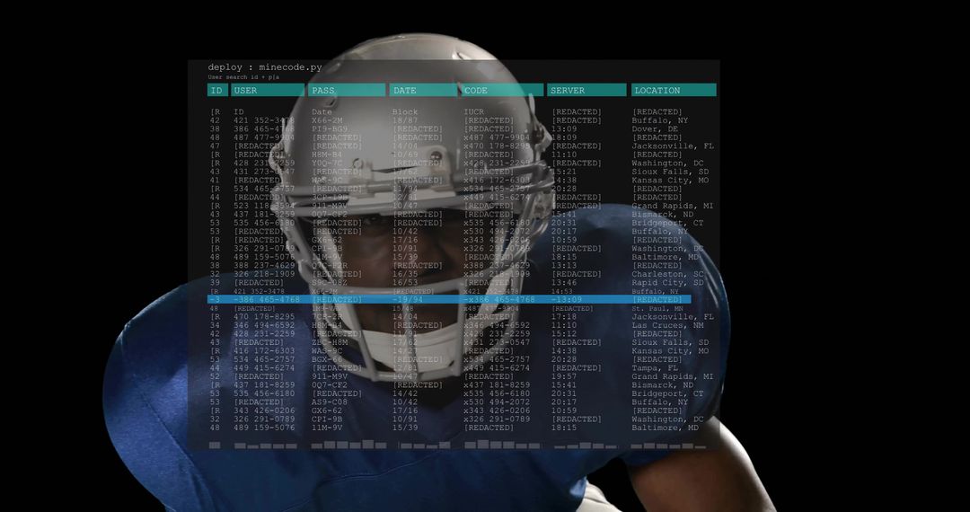 Standing Football Player Wearing Blue Pads with Holographic Data Overlay and Terminal HUD