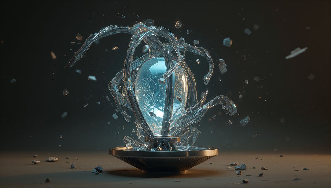 Glowing Orb Hovering Inside Metallic Cage Releasing Twisting Glass Shards, Luminous Core