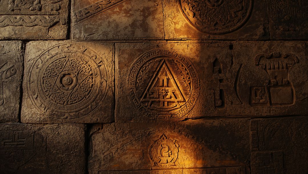 Sunlit Ancient Temple Wall Featuring Circular Medallion with Inscribed Triangle Relief