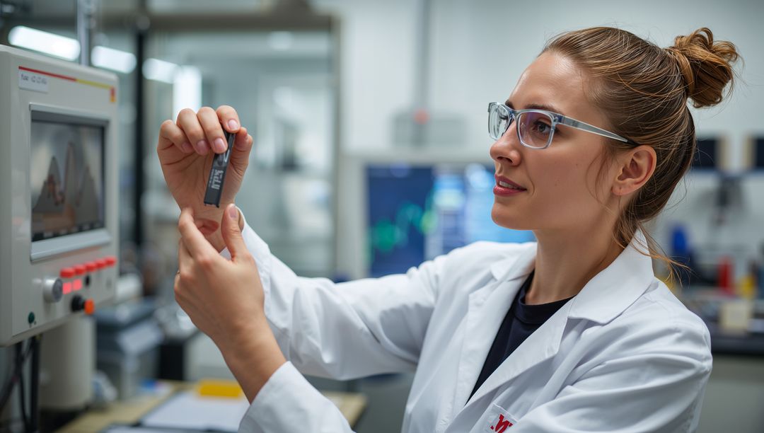 Female Scientist Examining Component in High-Tech Laboratory