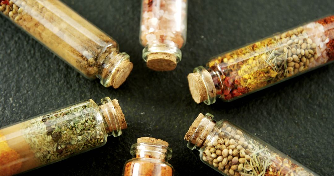 Various spice and seed vials display culinary essentials on a dark backdrop. - Free Images, Stock Photos and Pictures on Pikwizard.com