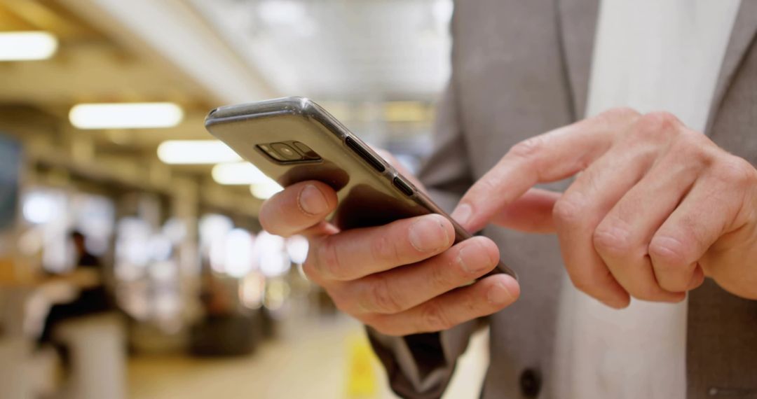 Business Professional Using Smartphone in Modern Coworking Space