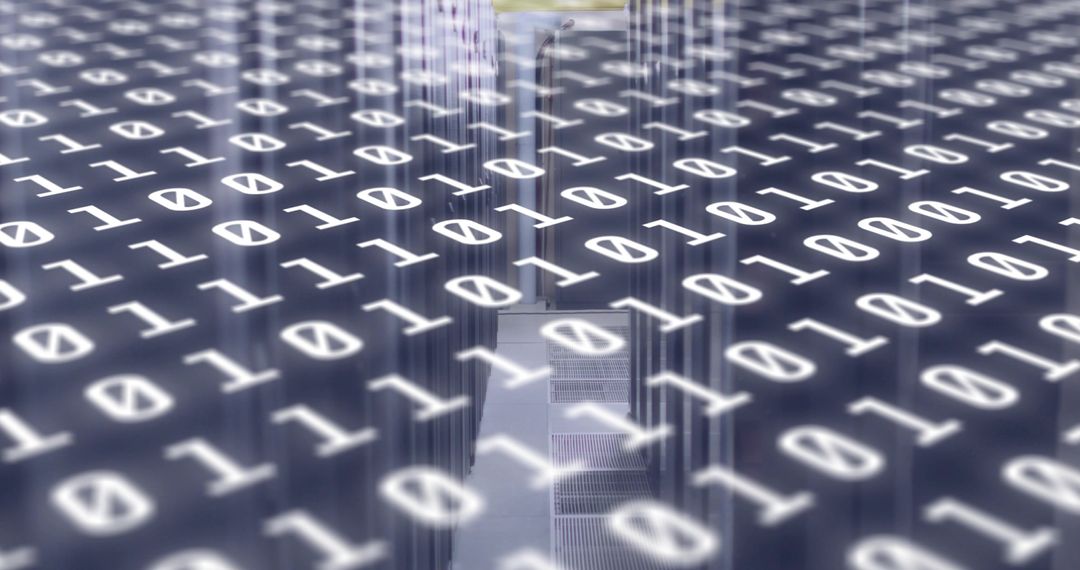 Binary Code Overlay on Data Center with Glowing Server Aisles