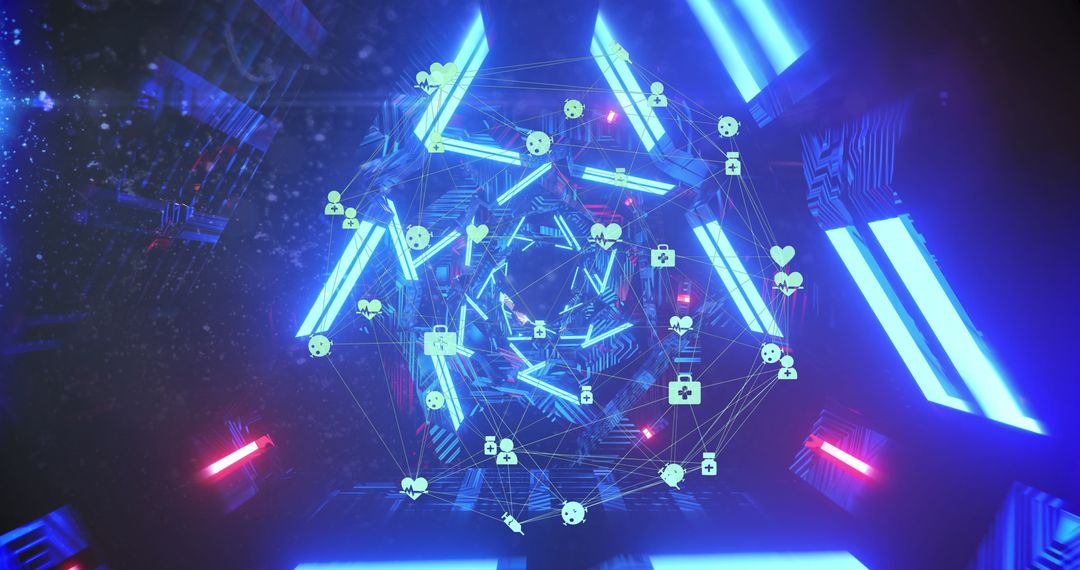 Futuristic Digital Network with Neon Glowing Icons and Patterns
