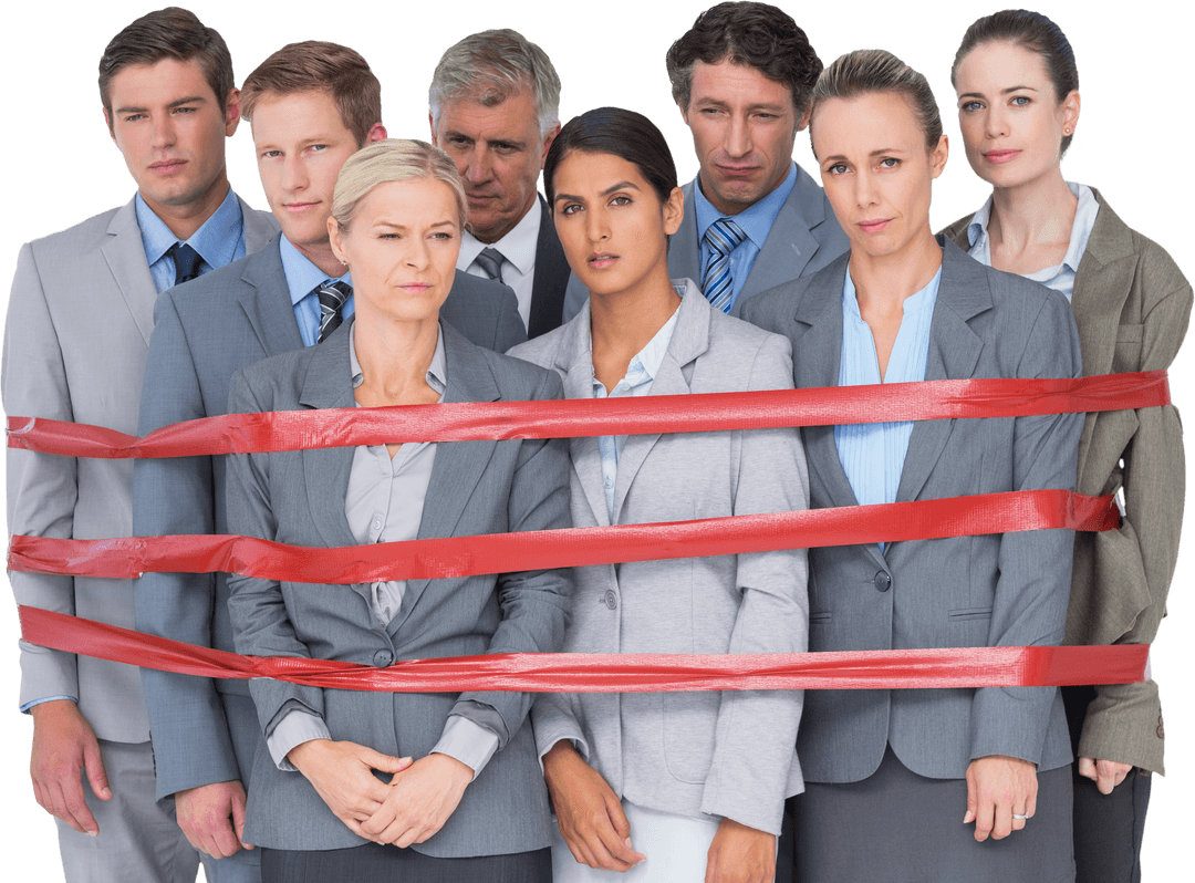 Business Team Restricted by Red Tape Transparent Concept