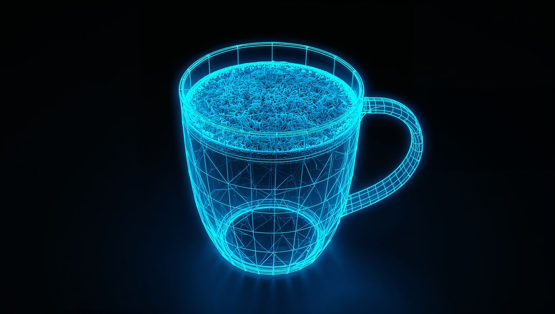 Glowing Cyan Wireframe Mug Hovering in Digital Void with Polygonal Mesh Top