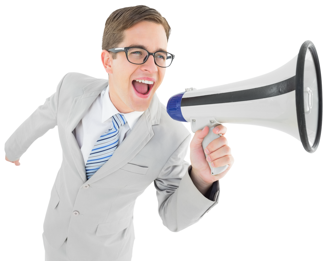 Geeky Businessman Shouting Through Transparent Megaphone on White Background - Download Free Stock Images Pikwizard.com