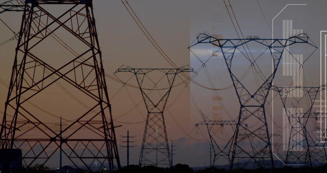 Silhouetted High-Voltage Transmission Towers at Sunset with Digital HUD Overlay