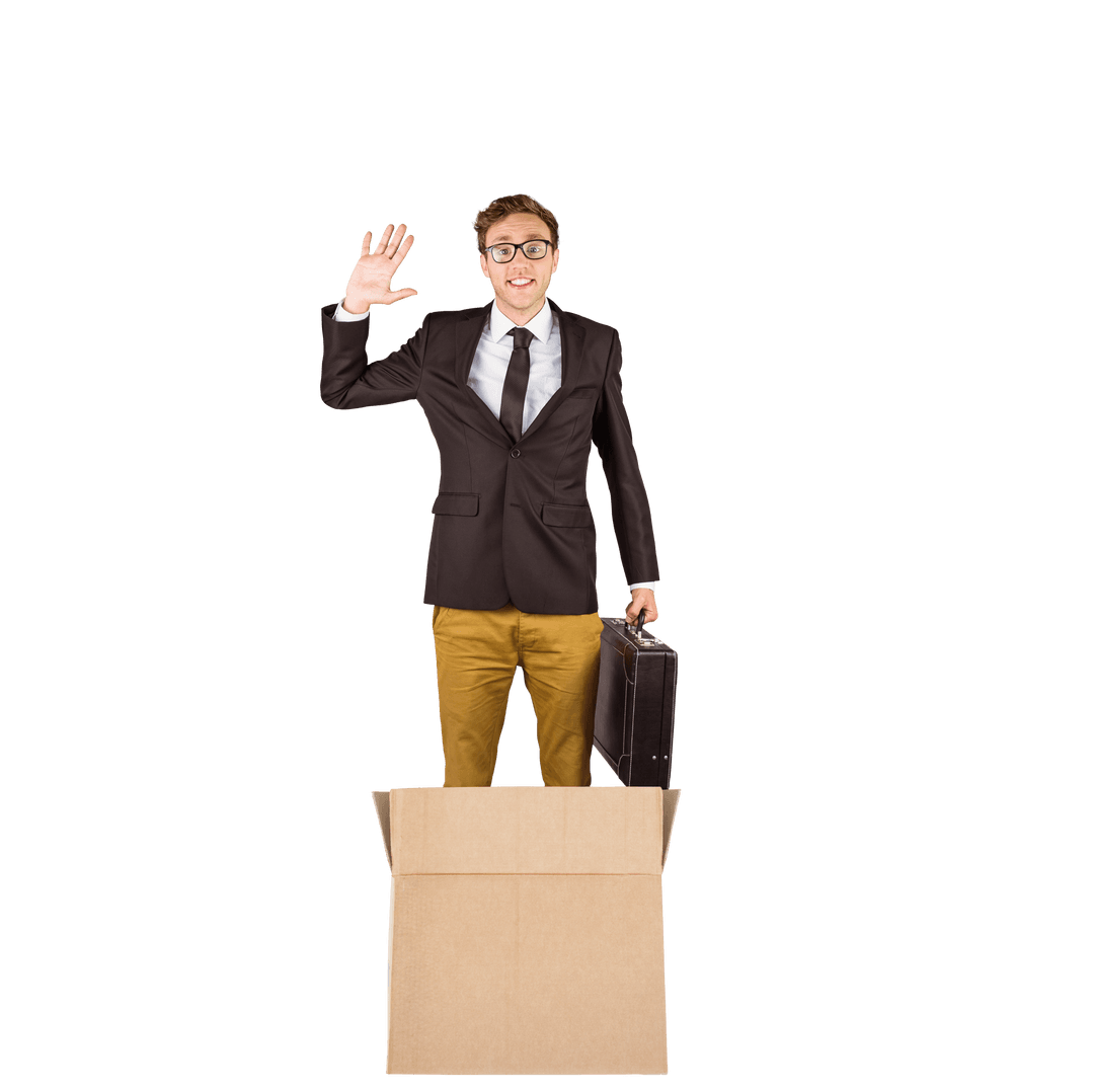Smiling Caucasian Businessman Standing in Cardboard Box