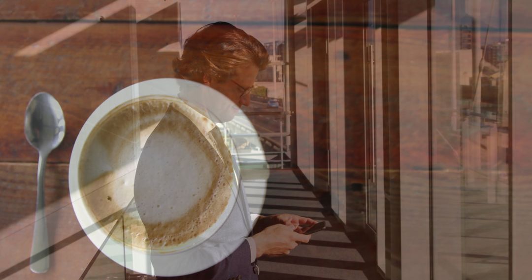 Business Executive Checking Smartphone with Coffee and Modern Architecture Overlay