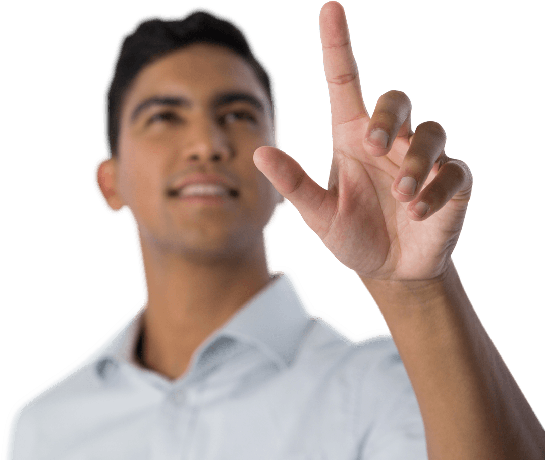 Transparent Interactive Gesture by Smiling Young Man